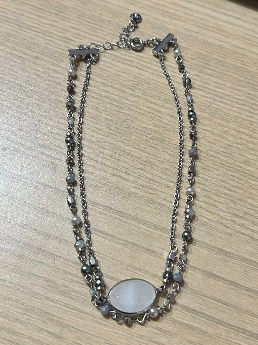 LOFT Multi Strand Beaded Moonstone Cabochon Necklace Silver Tone
